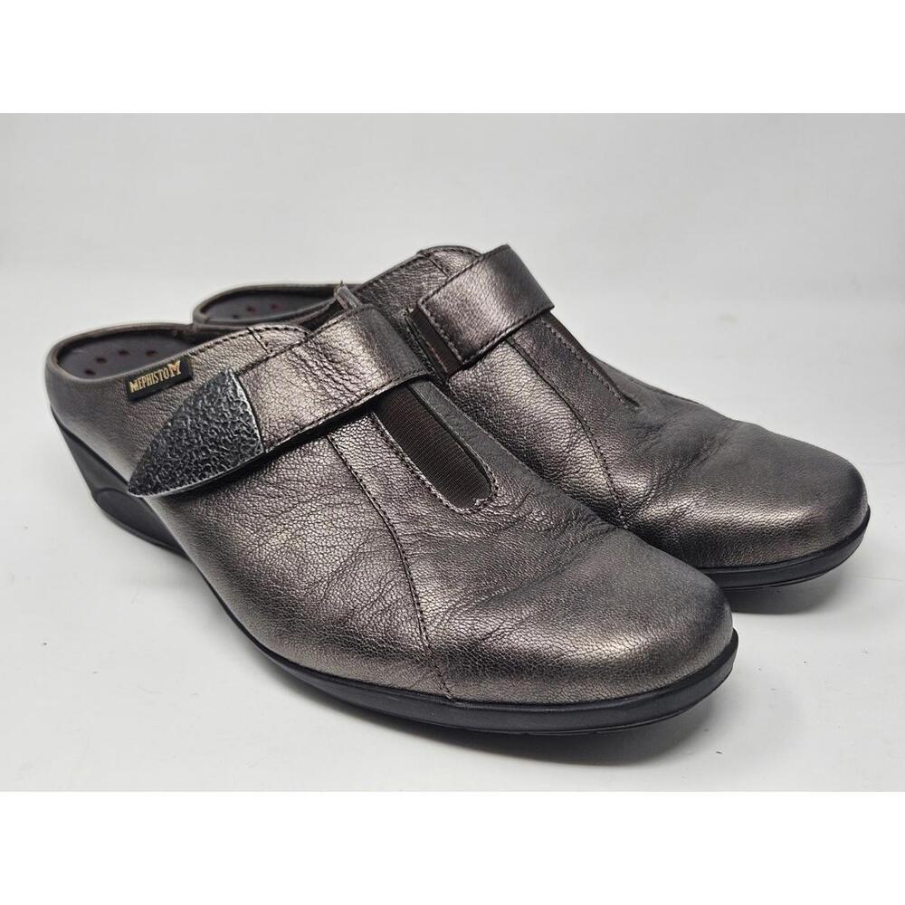 MEPHISTO Metallic Leather Slip On Air Jet Walking Wedge Slides Shoes Womens 8